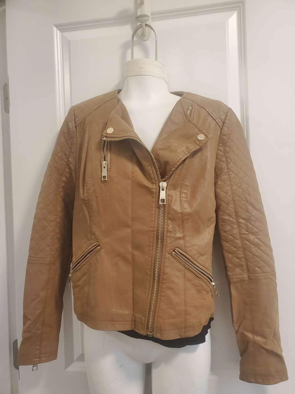 Guess Tan Quilted Moto Leather Jacket